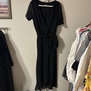 SLNY Black Midi Dress Size 12 Sheer Sleeve Wrap Tie Waist‎ Elegant